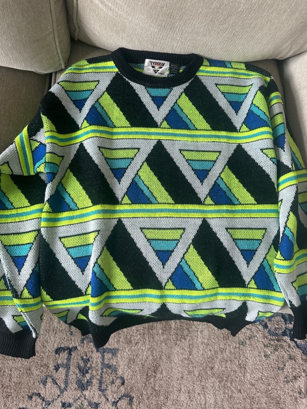 Tyrolean Neon Green & Blue Geometric Crewneck Sweater